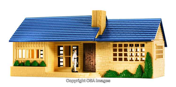 Toy House Model with Blue Roof and Small Figure Representation