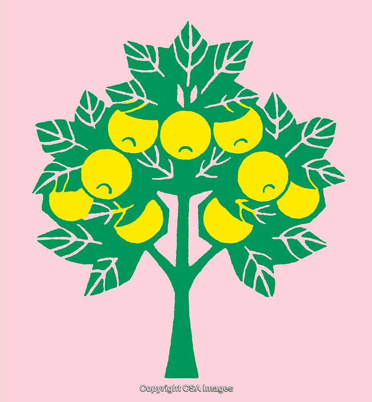 Colorful Illustration of a Tree with Yellow Circular Fruits on Pink Background