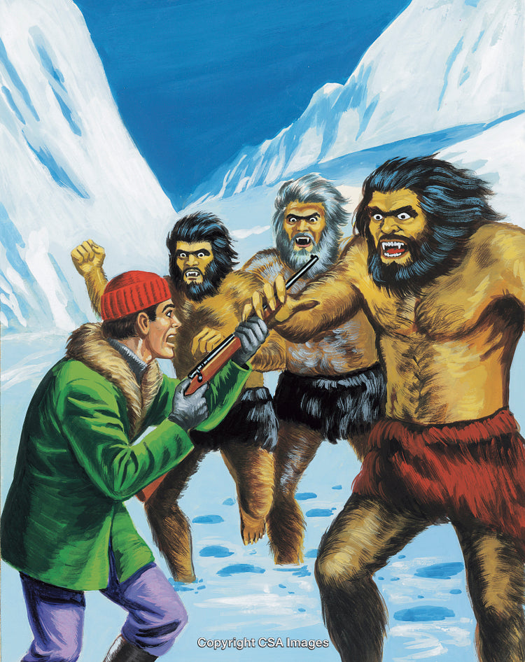 Explorer Confronting Aggressive Apelike Creatures in a Snow-Covered Wilderness