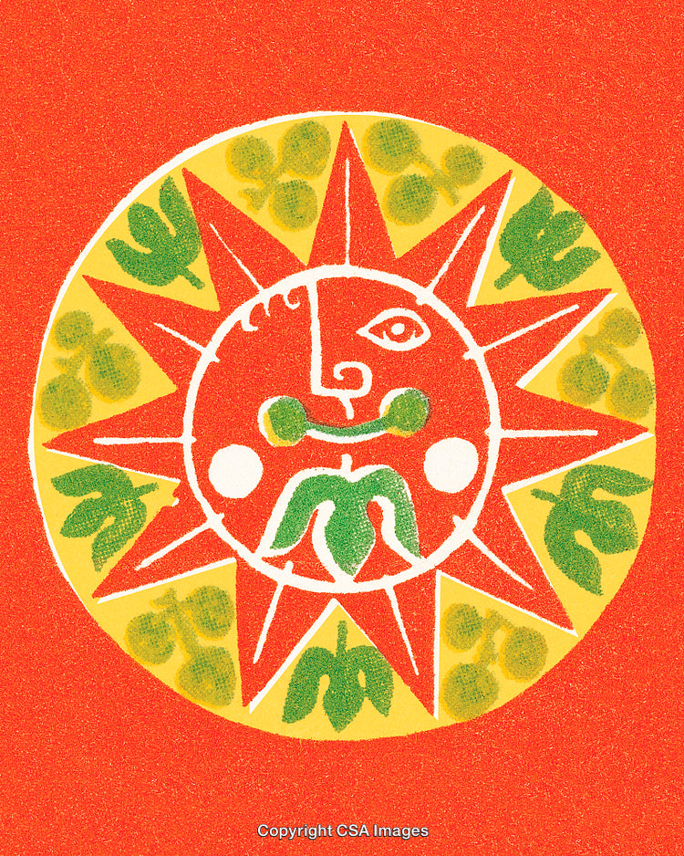 Vivid Sun Design with Leafy Motifs on Vibrant Red Background