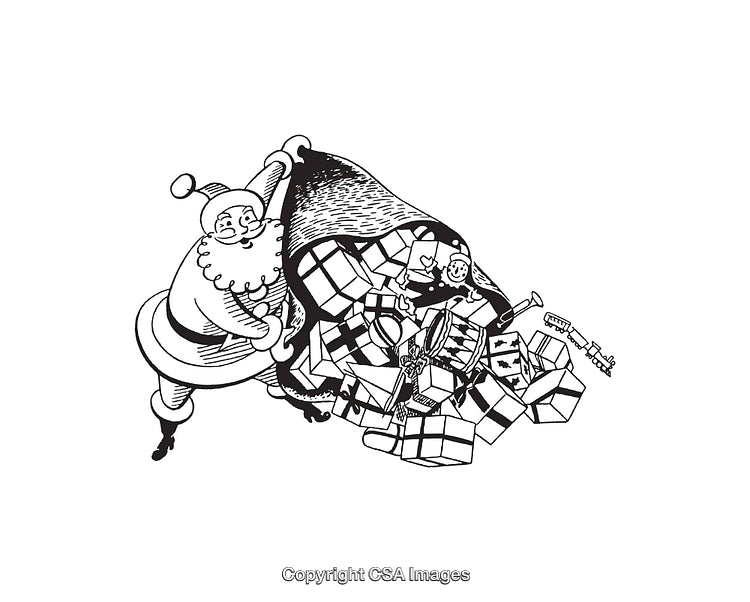 Santa Claus Carrying Huge Bag of Gifts and Toys in Line Art Style