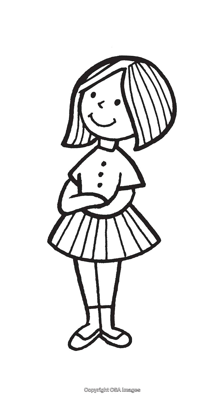 Simple Black And White Illustration of a Smiling Cartoon Girl Standing