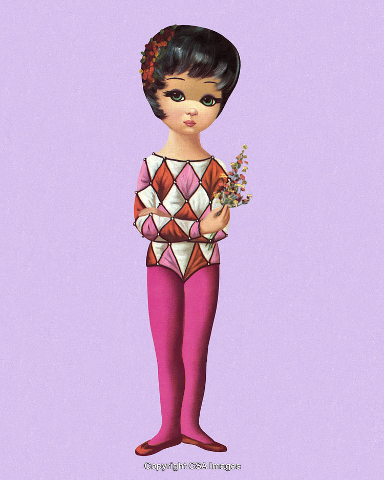 Vintage Illustration of a Harlequin Girl Holding Flowers on Purple Background