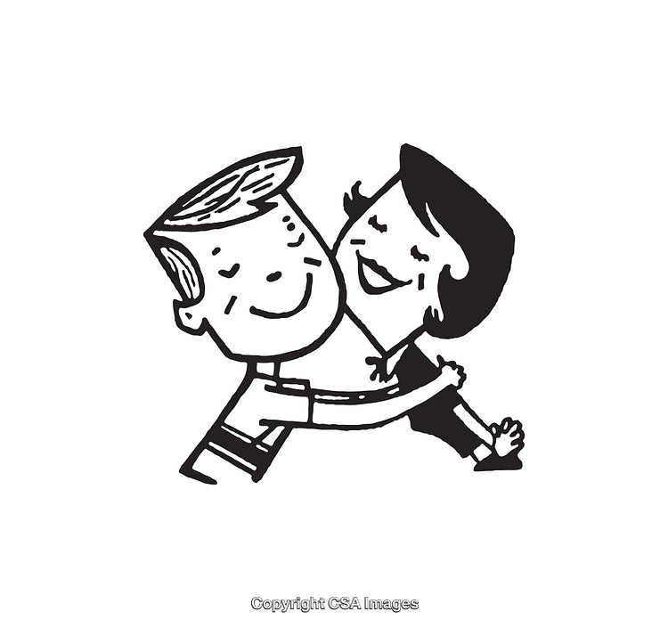 Vintage Black And White Line Art Illustration of Two Happy Friends Hugging