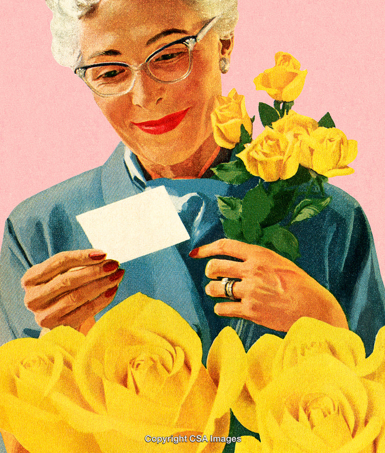 Smiling Woman Enjoying Yellow Roses and Reading a Thoughtful Note
