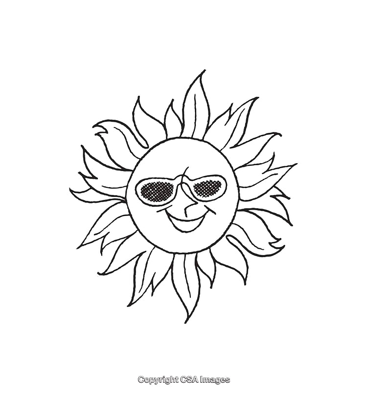 Smiling Sun With Sunglasses in Black and White Line Art Illustration
