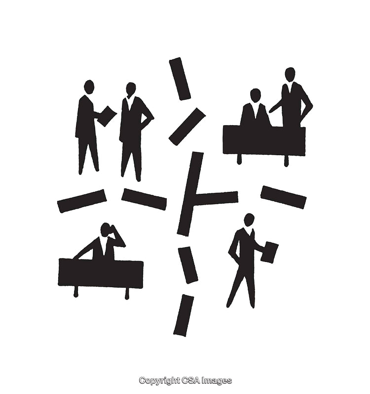 Black and White Business Illustrations Depicting Teamwork and Office Scenarios
