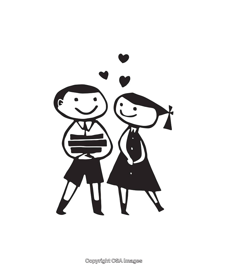 Cute Black and White Line Art Illustration of Kids in Love