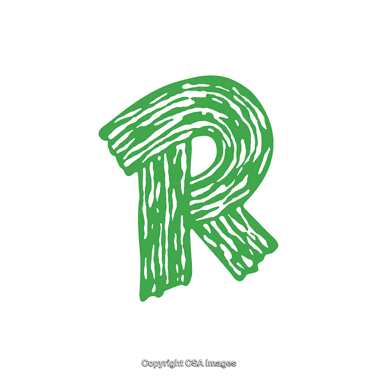 Artistic Green Letter R With Woodgrain Design Isolated on White Background