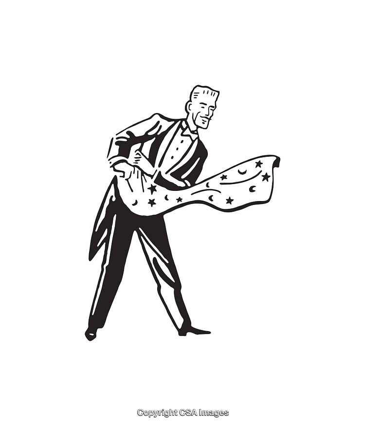 Vintage Line Art of a Magician Performing With a Starry Cloth