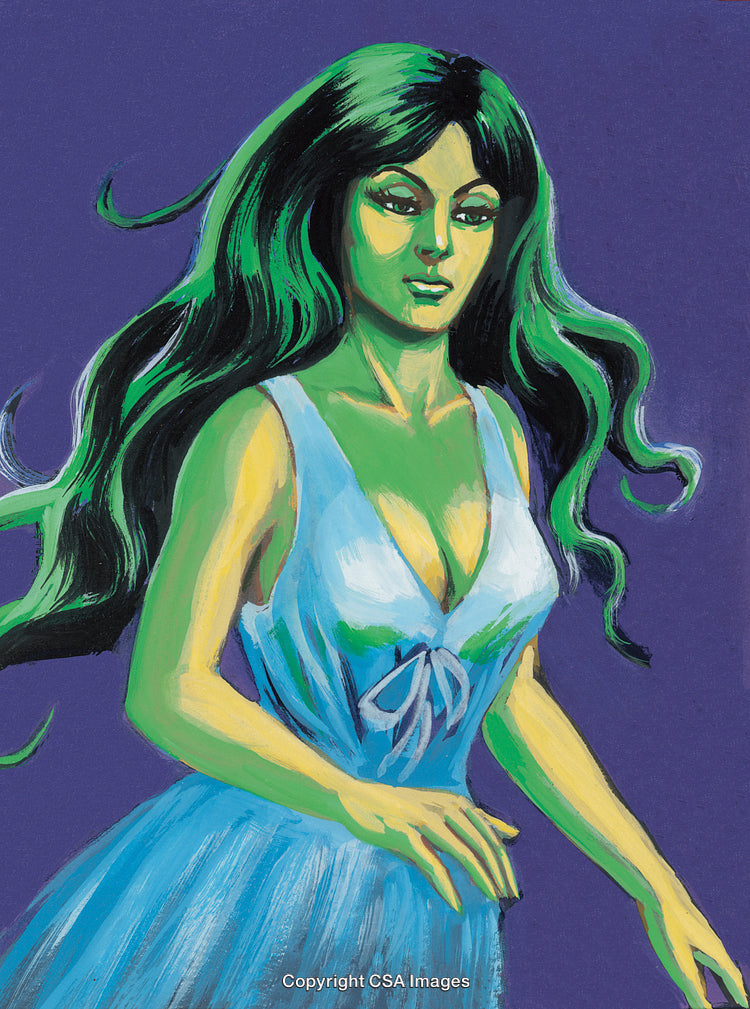 Colorful Artwork of a Green-Hued Woman in a Flowing Blue Dress