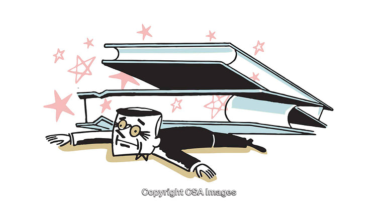 Illustration of a Person Crushed Under Giant Books in a Humorous Style