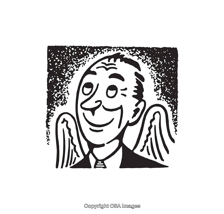 Black and White Illustration of a Smiling Angelic Businessman