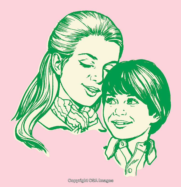 Color Line Art Illustration of a Mother and Child with Pink Background