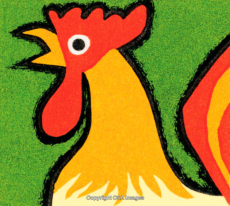 Colorful Artistic Illustration of a Rooster on a Vibrant Green Background