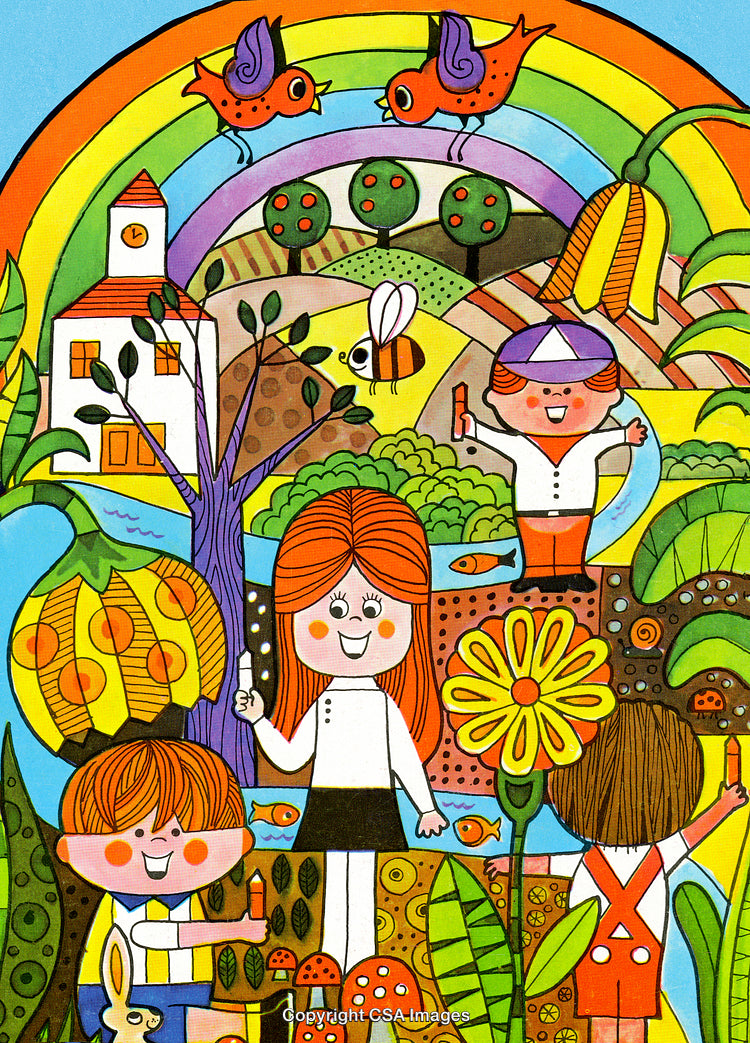 Colorful Cartoon Illustration of Happy Children Playing in a Vibrant Nature Scene