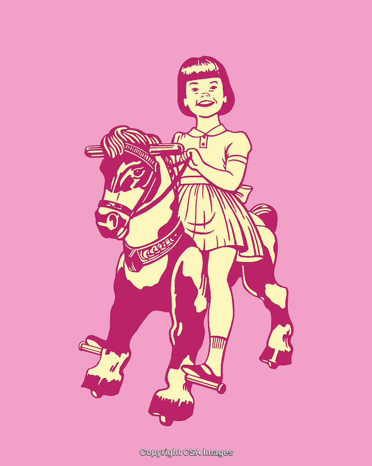 Retro-Inspired Illustration Of Smiling Girl On Hobby Horse With Pink Background