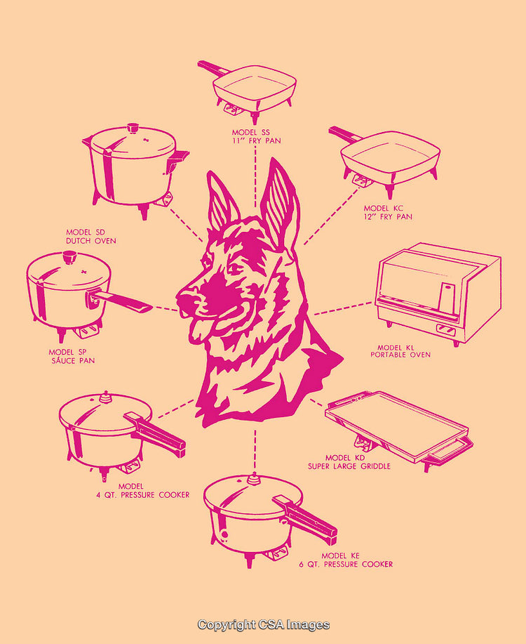 Colorful Line Art Featuring Dog and Kitchenware Illustrations