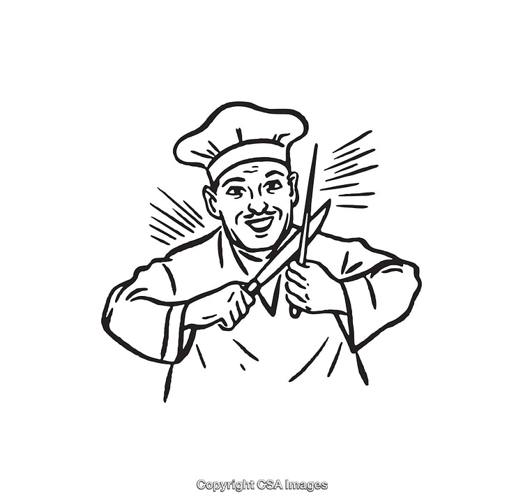Chef Sharpening Knife in Black and White Line Art Style