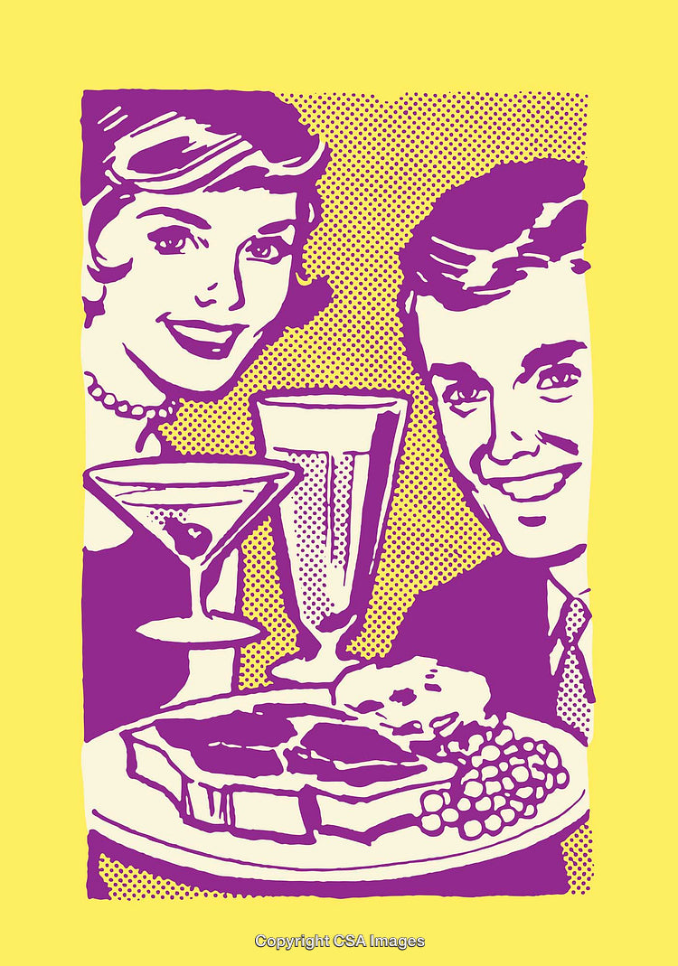 Retro Illustration of a Couple with Drinks and Dinner in Vibrant Colors