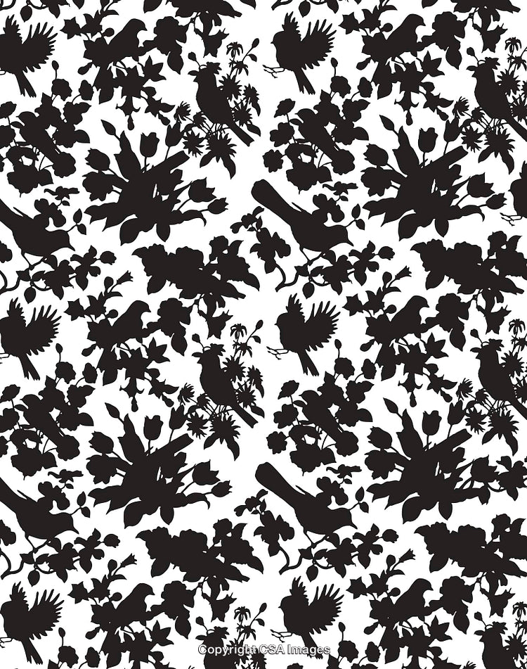 Black and White Floral and Bird Silhouette Pattern Design