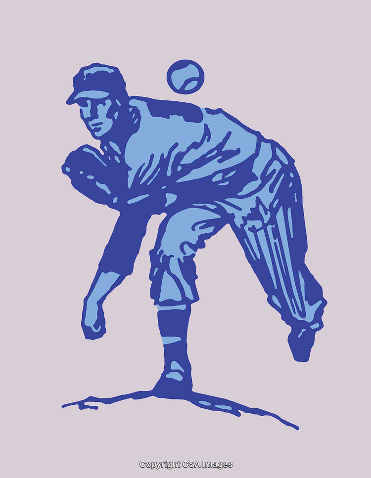 Illustrated Baseball Player Pitching in Dynamic Motion with Vibrant Colors