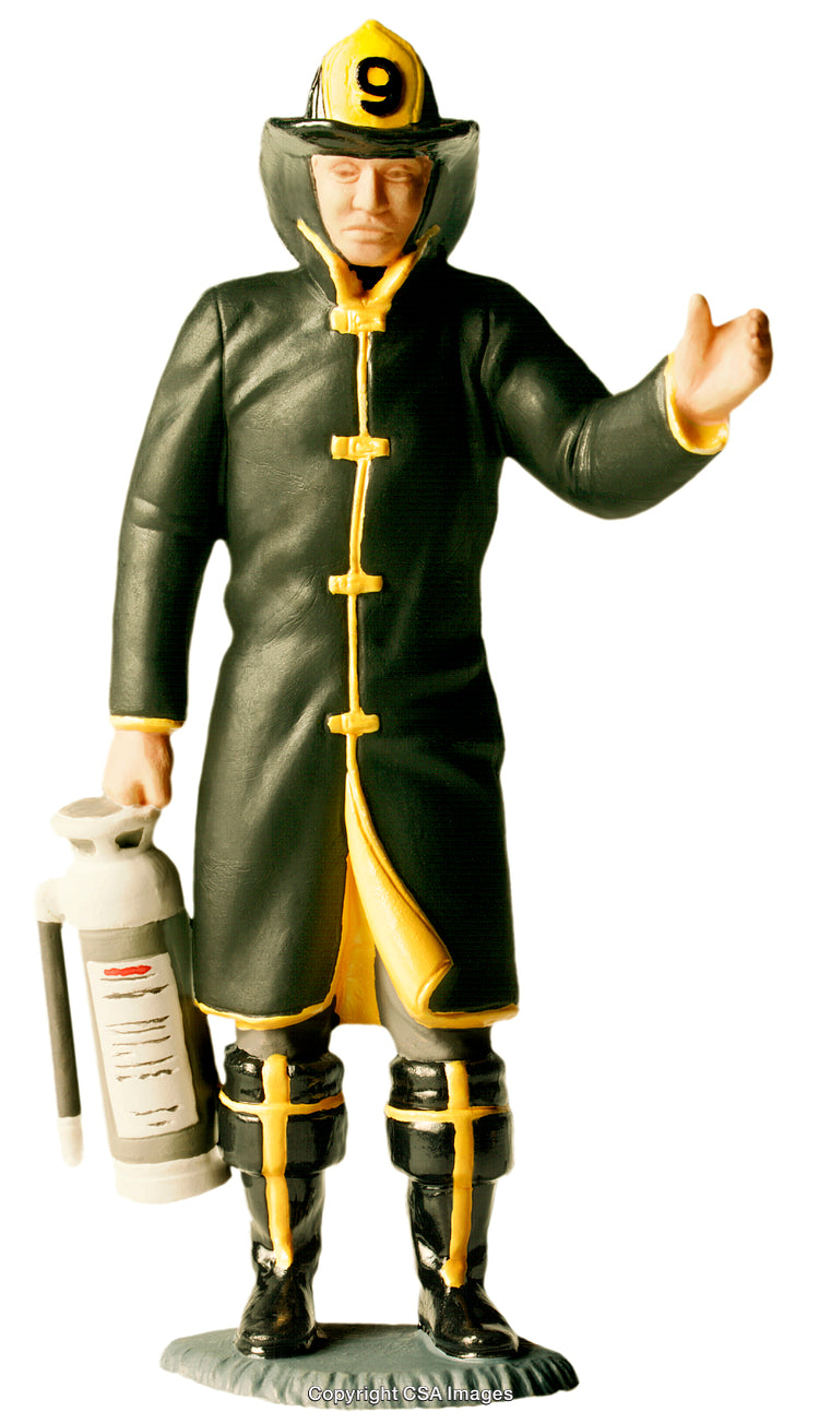 Vintage Firefighter Figurine in Traditional Attire with Fire Extinguisher