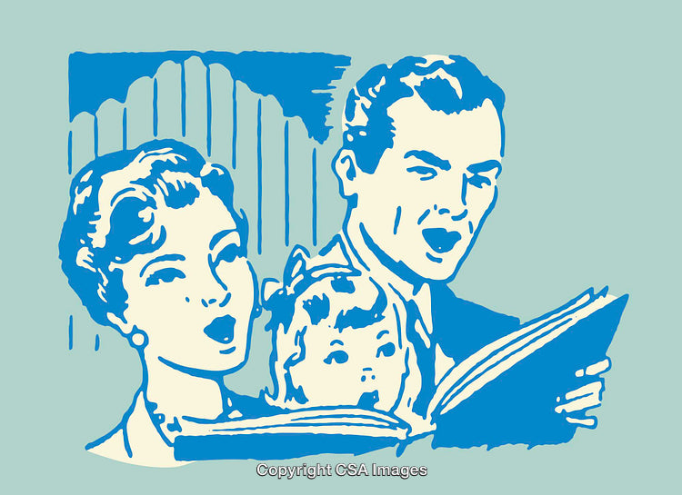 Family Singing Together in Retro Style Line Art Illustration