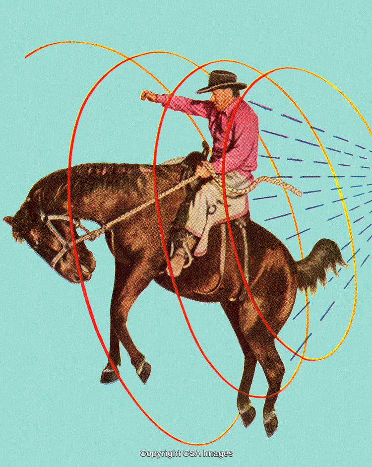 Energetic Cowboy Riding A Bucking Horse With Dynamic Graphic Overlay