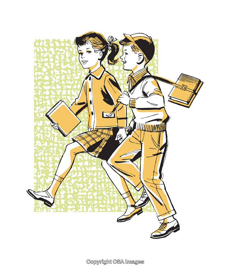 Retro Illustration of School Children Walking in Uniforms with Books