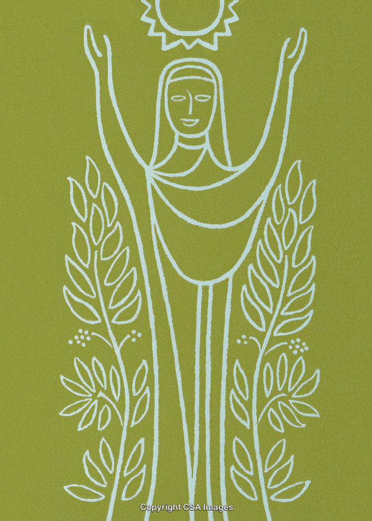 Illustration of a Woman with a Sun and Surrounding Plants in Line Art