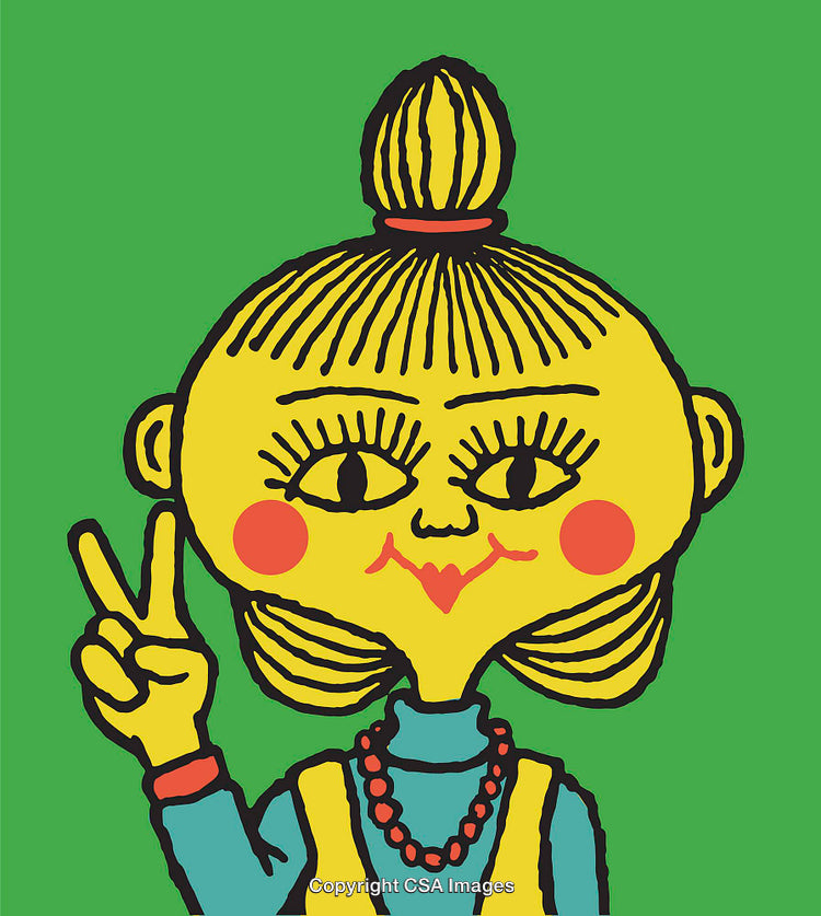 Whimsical Illustrated Character Showing Peace Gesture with Playful Expression