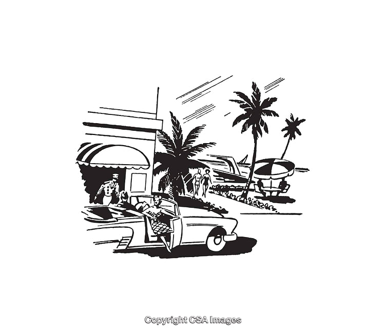 Vintage Line Art Illustration of Beachside Life with Classic Car and People