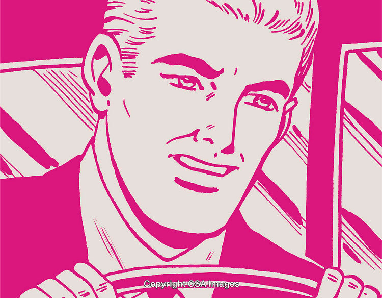 Retro Pop Art Illustration of a Smiling Driver in Monochrome Style