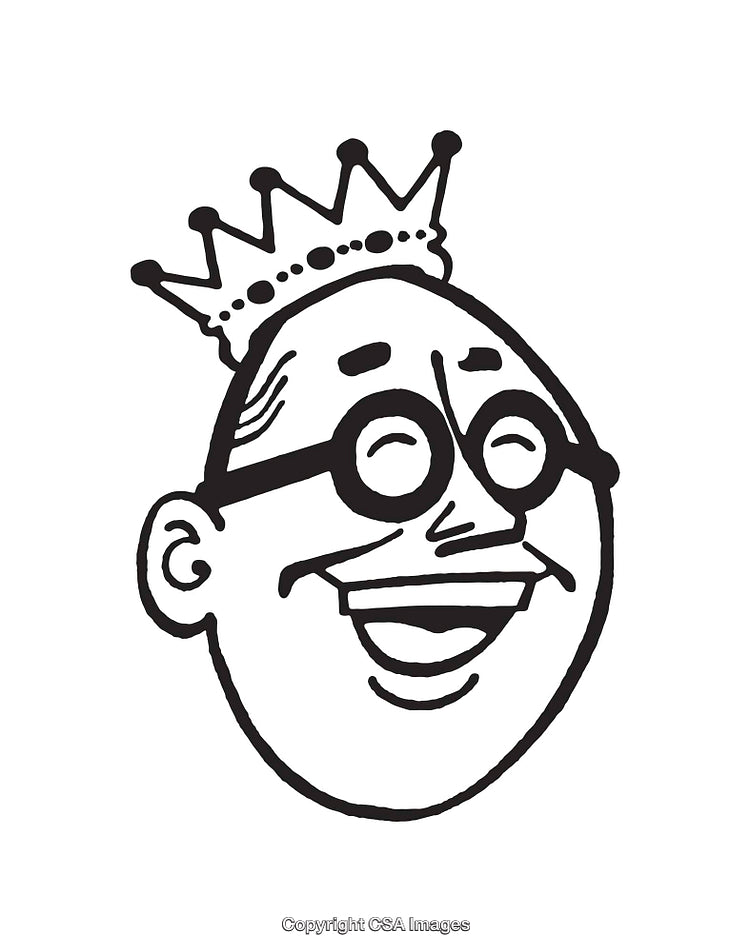 Black and White Illustration of Smiling Character Wearing a Crown
