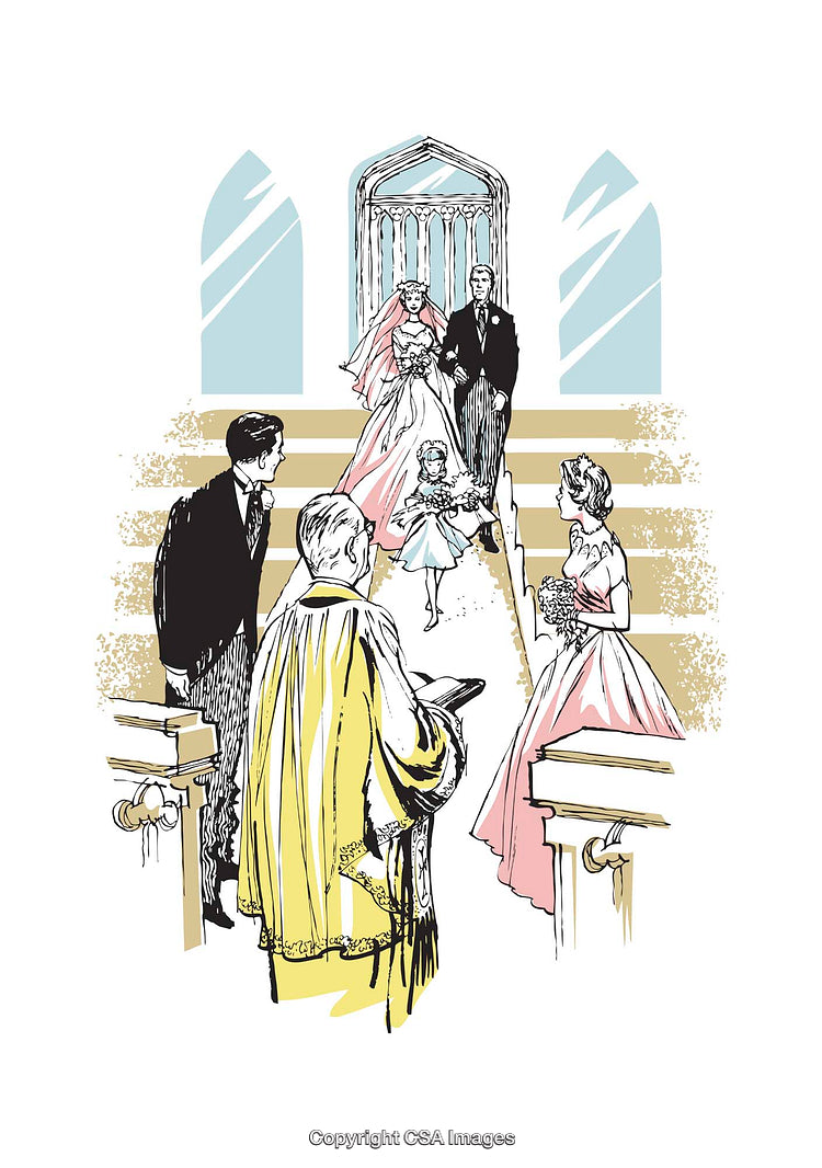 Vintage Illustration of Wedding Scene With Bride and Groom Exiting Church