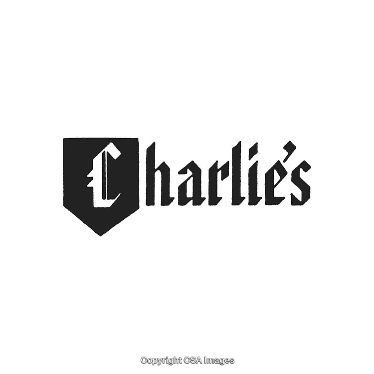 Charlie's Logo in Blackletter Font Shield Design on White Background