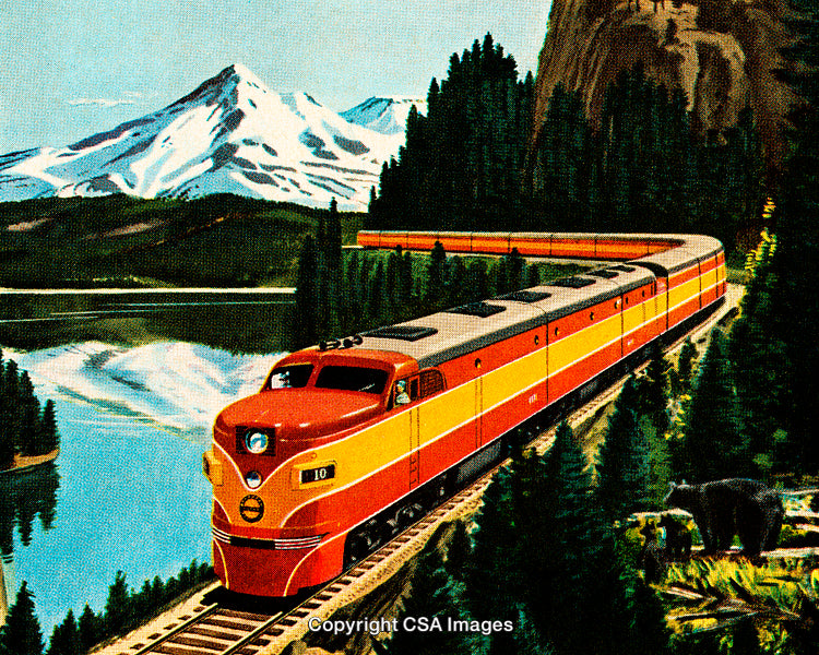 Vintage Train Passing Through Forested Mountains Near a Scenic Lake
