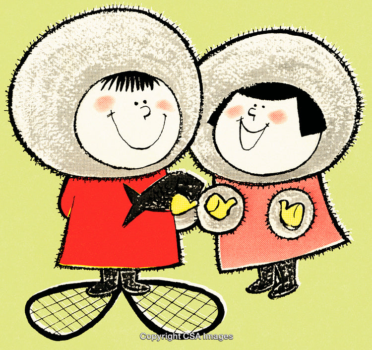 Cute Illustration of Two Friends in Winter Clothing Sharing Fish