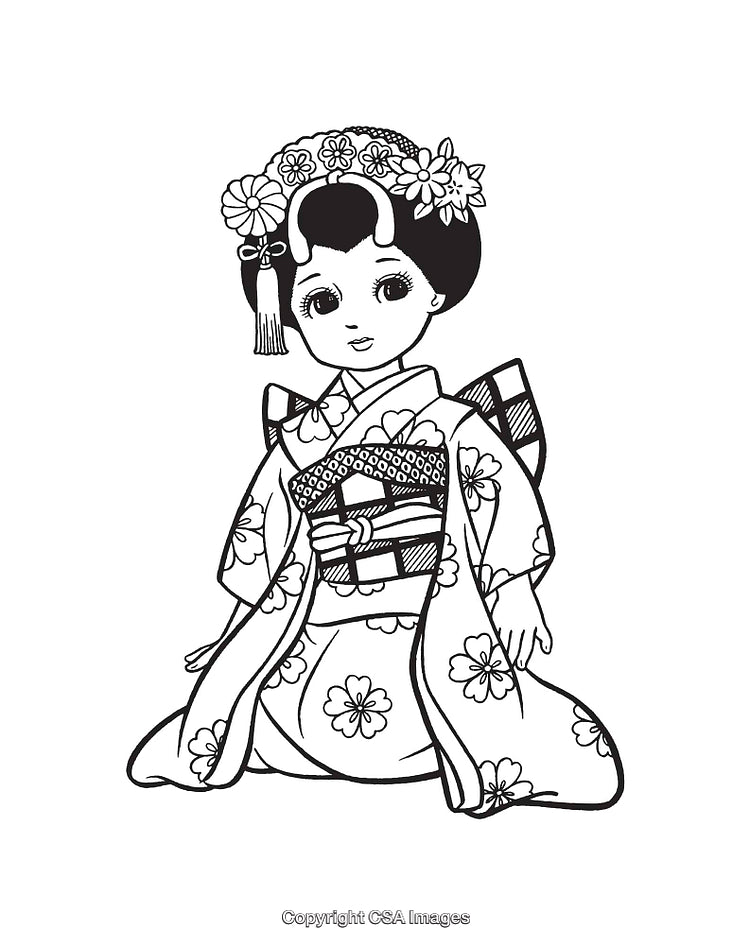 Traditional Japanese Girl In Kimono Line Art Illustration