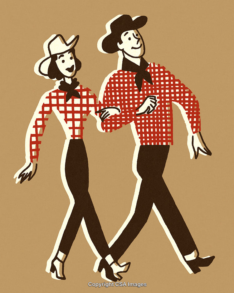 Retro Illustration of a Dancing Cowboy and Cowgirl in Western Attire