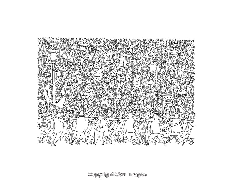 Intricate Black and White Line Art Depicting a Crowded Gathering Scene