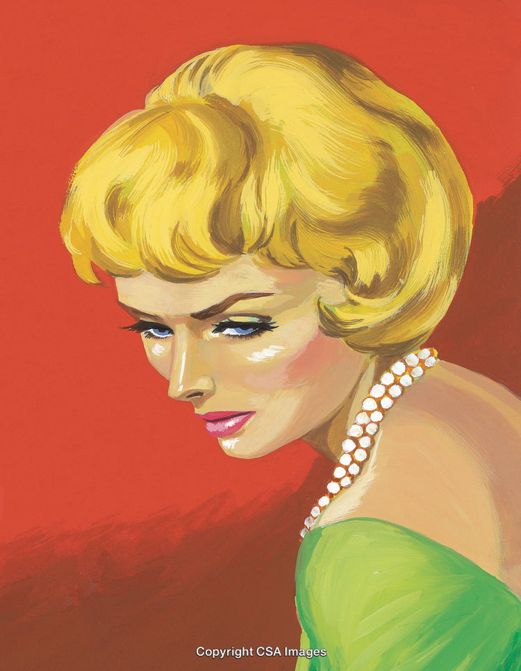 Elegant Portrait of a Blonde Woman with Pearl Necklace and Red Background