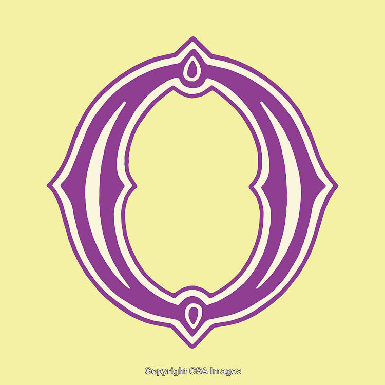 Illustrated Letter O in Ornate Purple Design on Yellow Background