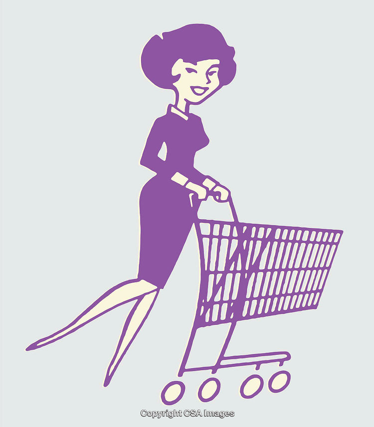 Vintage Line Art Illustration of Woman Pushing Shopping Cart in Style