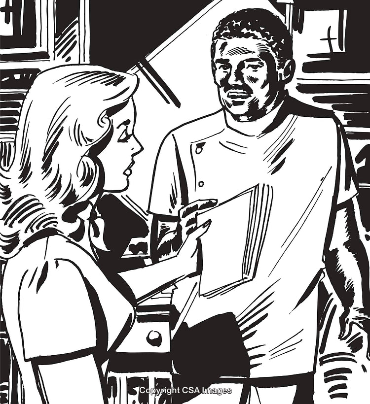 Retro Black and White Illustration Depicting a Dramatic Conversation Scene