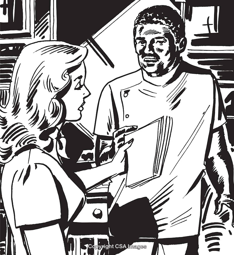 Retro Black and White Illustration Depicting a Dramatic Conversation Scene