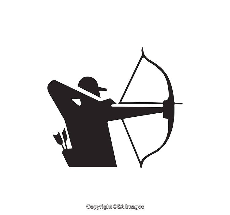 Silhouette of Archer Aiming Bow and Arrow in Black and White Design