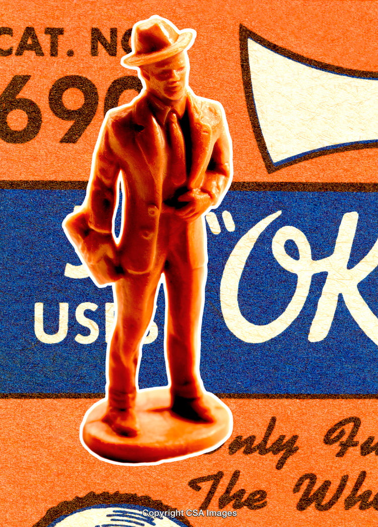 Vintage Plastic Figurine Standing on Colorful Retro Background