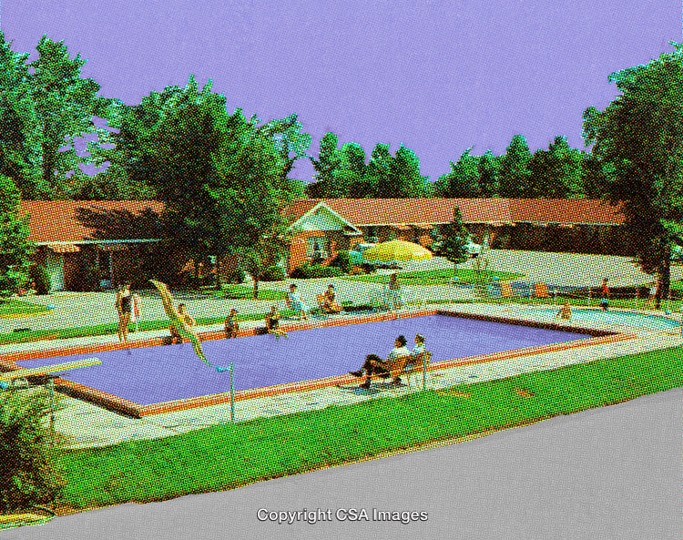 Retro Styled Poolside Gathering with Vibrant Pop Art Aesthetic